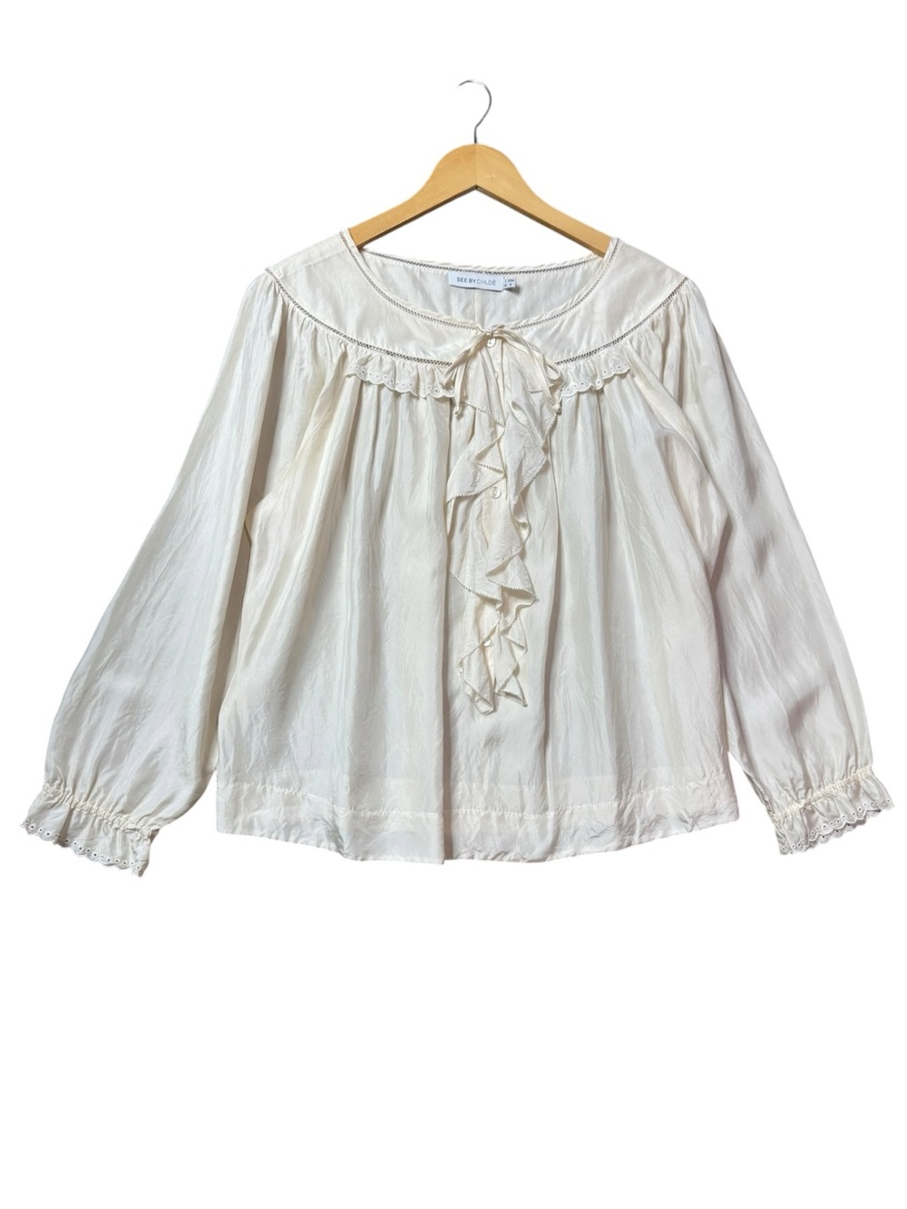 See by Chloe Silk Ruffle Eyelet Peasant Blouse size 6